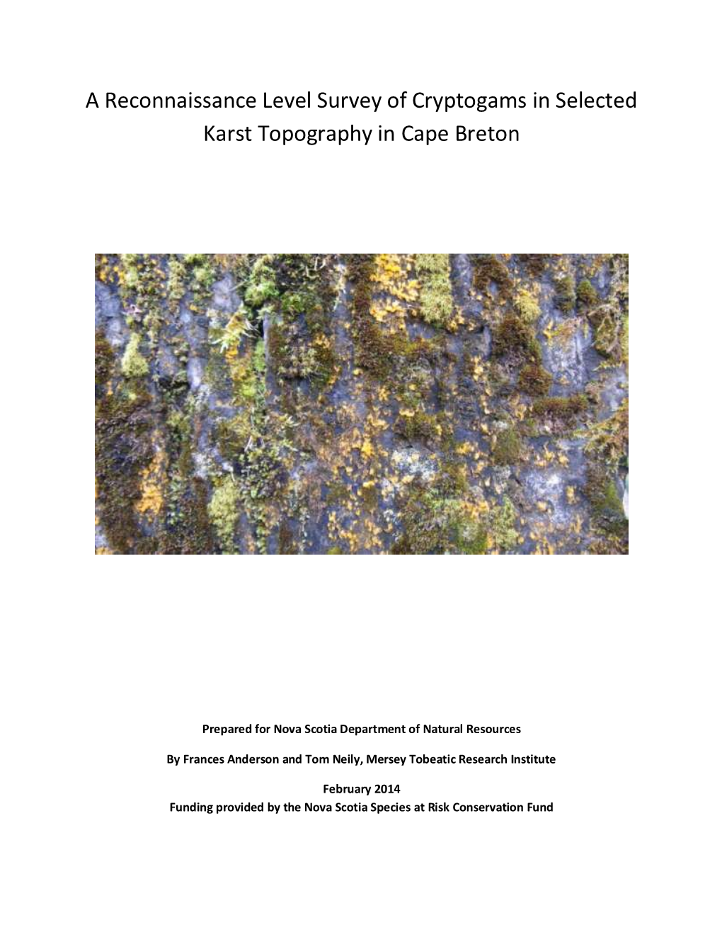 A Reconnaissance Level Survey of Cryptogams in Selected Karst Topography in Cape Breton