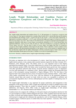 Length- Weight Relationships and Condition Factors of Cynoglossus Cynoglossus and Caranx Hippos in Epe Lagoon, Nigeria