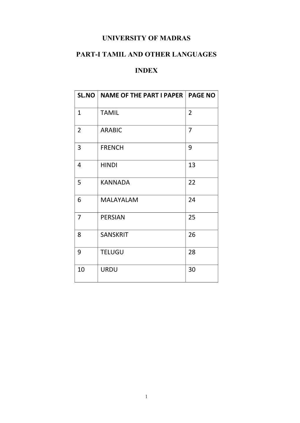 University of Madras Part-I Tamil and Other Languages