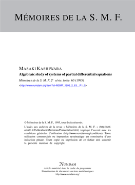 Algebraic Study of Systems of Partial Differential Equations Mémoires De La S