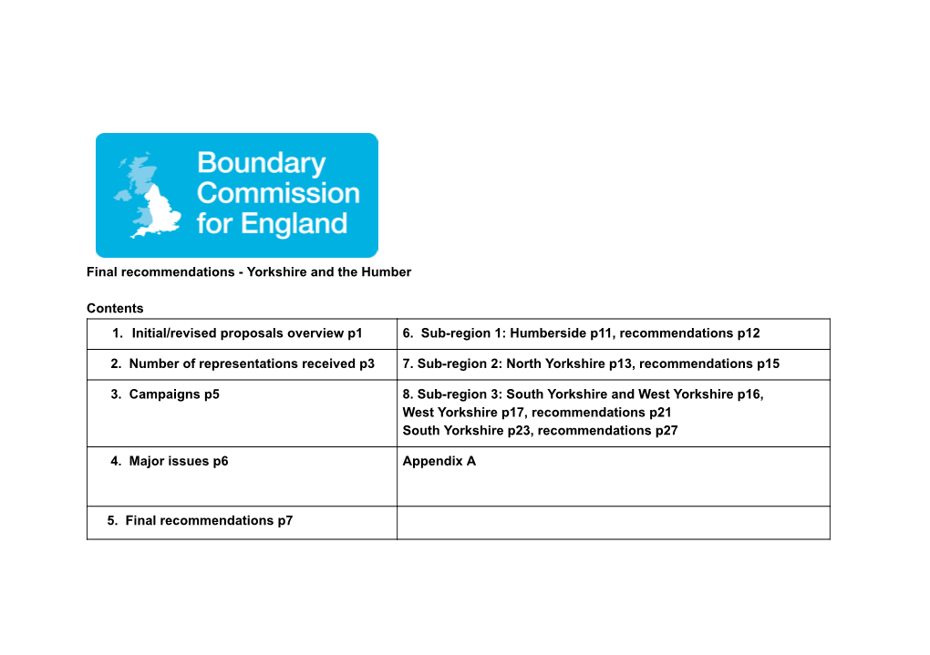 Final Recommendations - Yorkshire and the Humber