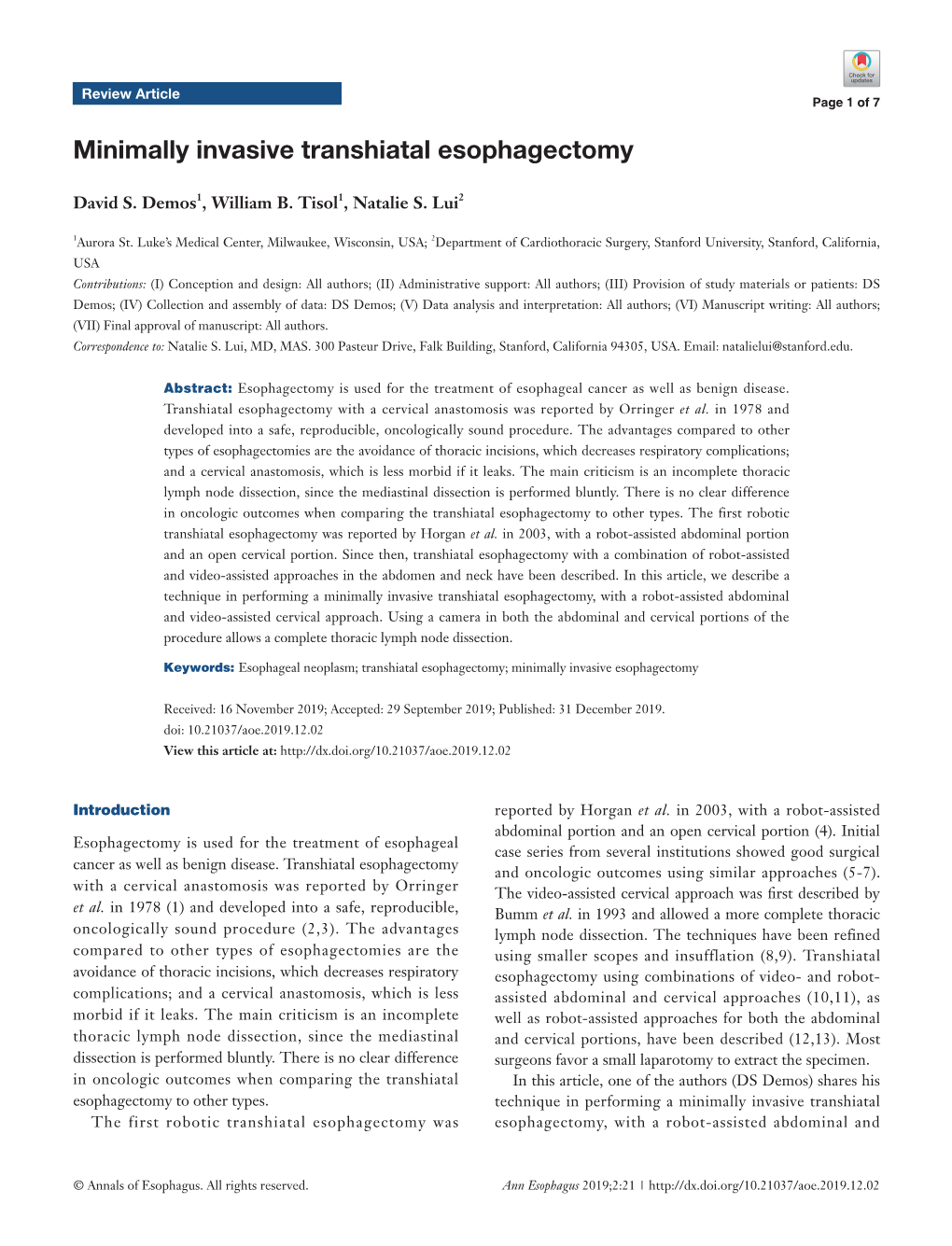 Minimally Invasive Transhiatal Esophagectomy