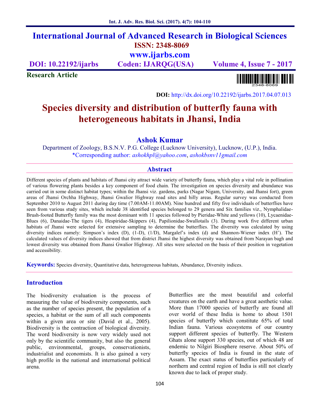 Species Diversity and Distribution of Butterfly Fauna with Heterogeneous Habitats in Jhansi, India