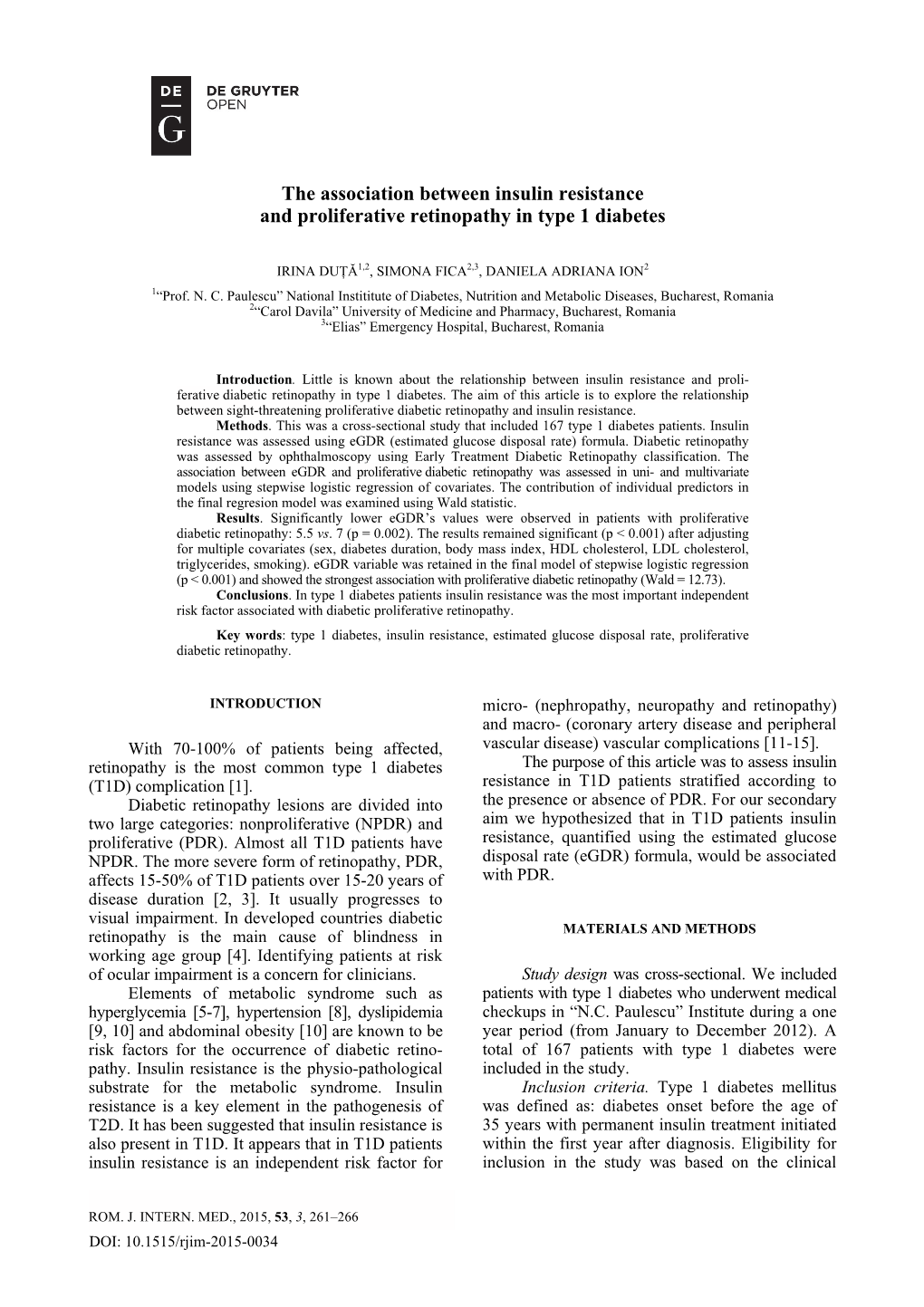 The Association Between Insulin Resistance and Proliferative Retinopathy in Type 1 Diabetes