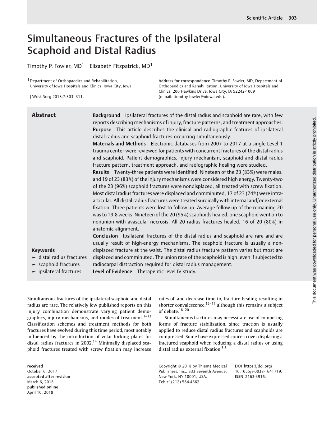 Simultaneous Fractures of the Ipsilateral Scaphoid and Distal Radius