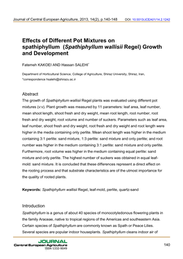 (Spathiphyllum Wallisii Regel) Growth and Development