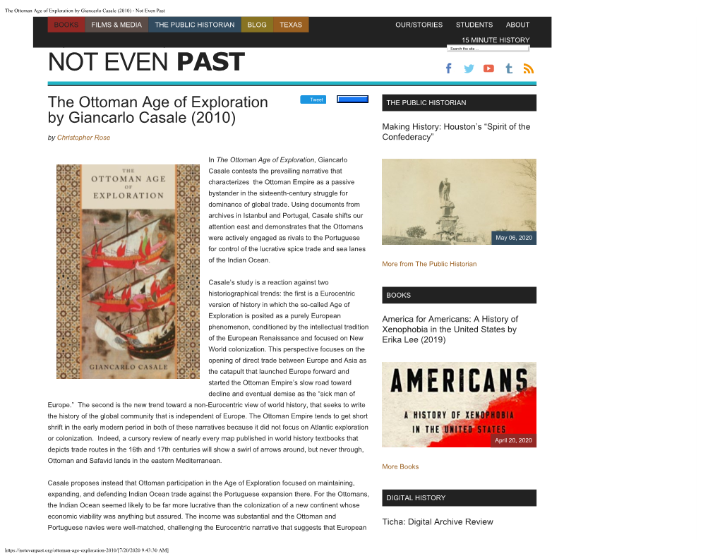 The Ottoman Age of Exploration by Giancarlo Casale (2010) - Not Even Past