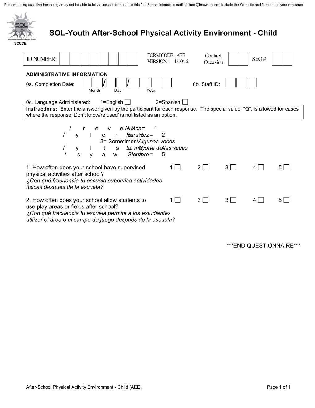 SOL Youth Anthropometry Youth FORM CODE: ANT Contact ID NUMBER: SEQ # VERSION: 1 2/22/12 Occasion