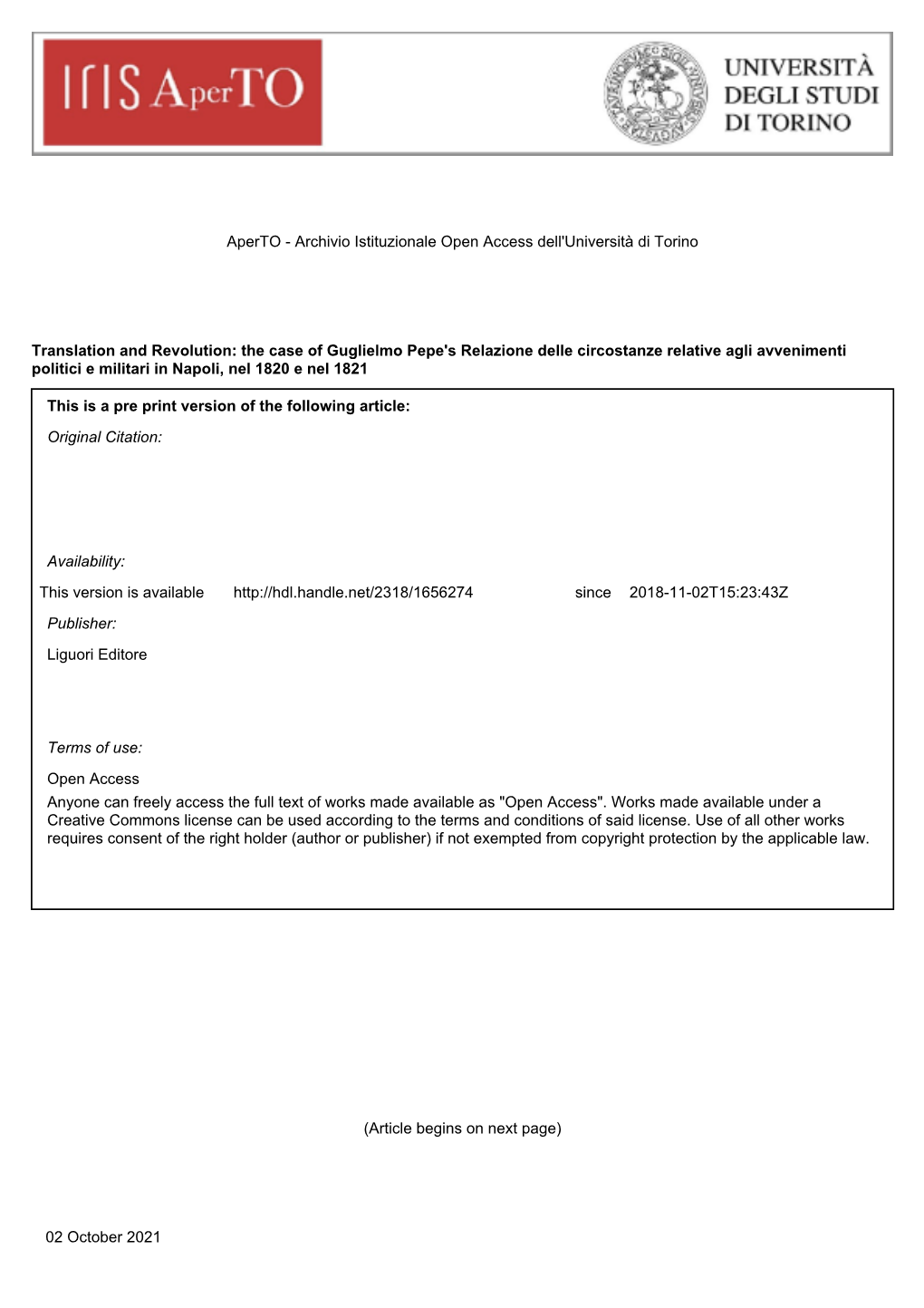 Translation and Revolution: the Case of Guglielmo Pepe's Relazione Delle Circostanze Relative Agli Avvenimenti Politici E Militari in Napoli, Nel 1820 E Nel 1821