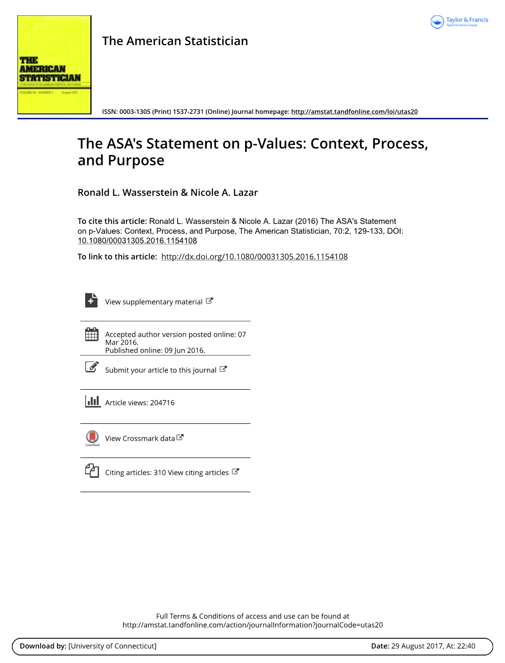 The ASA's Statement on P-Values: Context, Process, and Purpose
