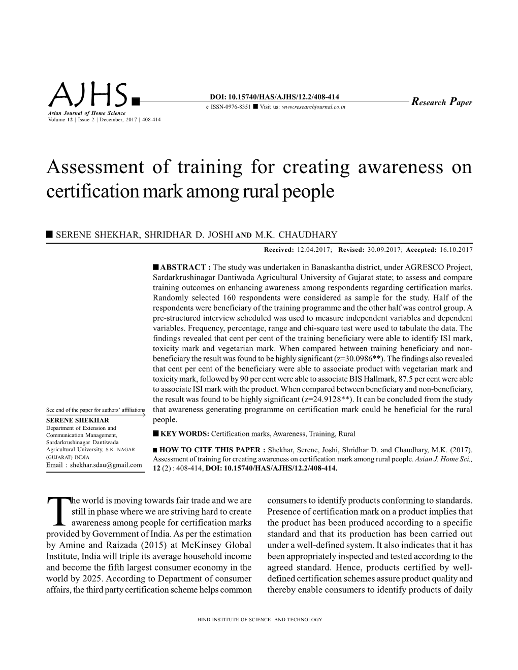 Assessment of Training for Creating Awareness on Certification Mark Among Rural People