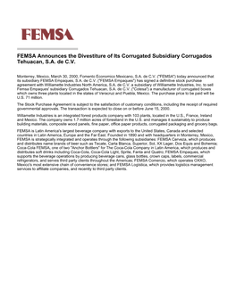 FEMSA Announces the Divestiture of Its Corrugated Subsidiary Corrugados Tehuacan, S.A