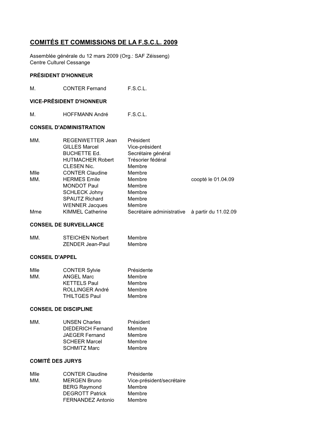 Comités Et Commissions De La F.S.C.L. 2009