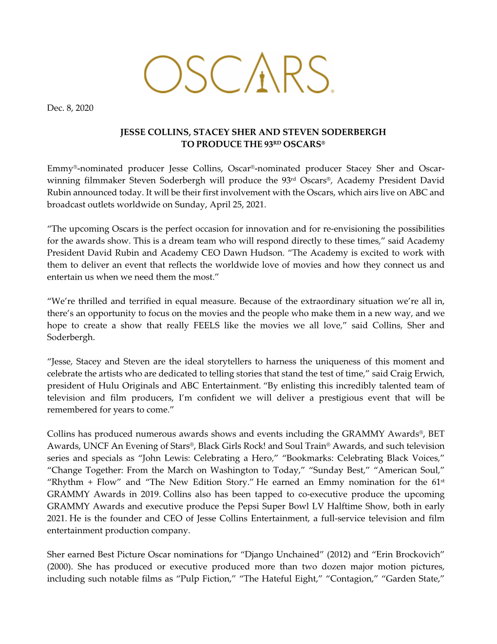 93Rd Oscars Producers Announcement 2020