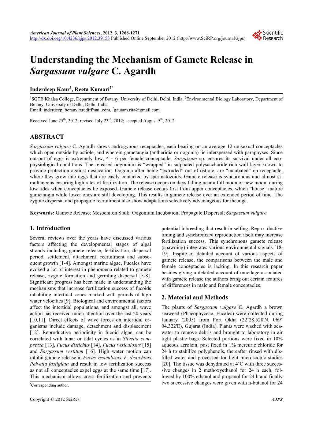 Understanding the Mechanism of Gamete Release in Sargassum Vulgare C