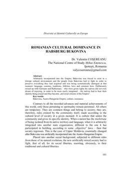Romanian Cultural Dominance in Habsburg Bukovina