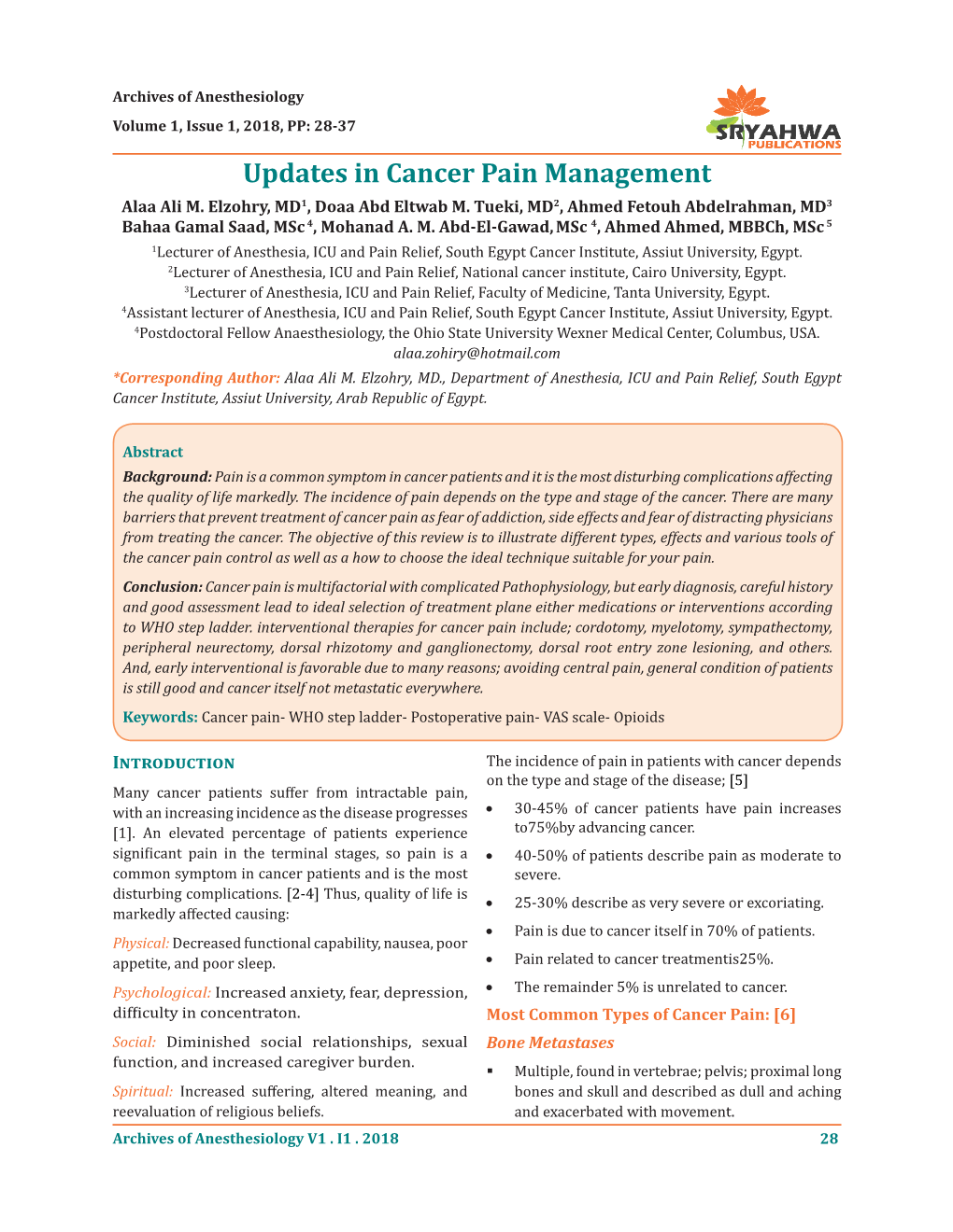 Updates in Cancer Pain Management Alaa Ali M