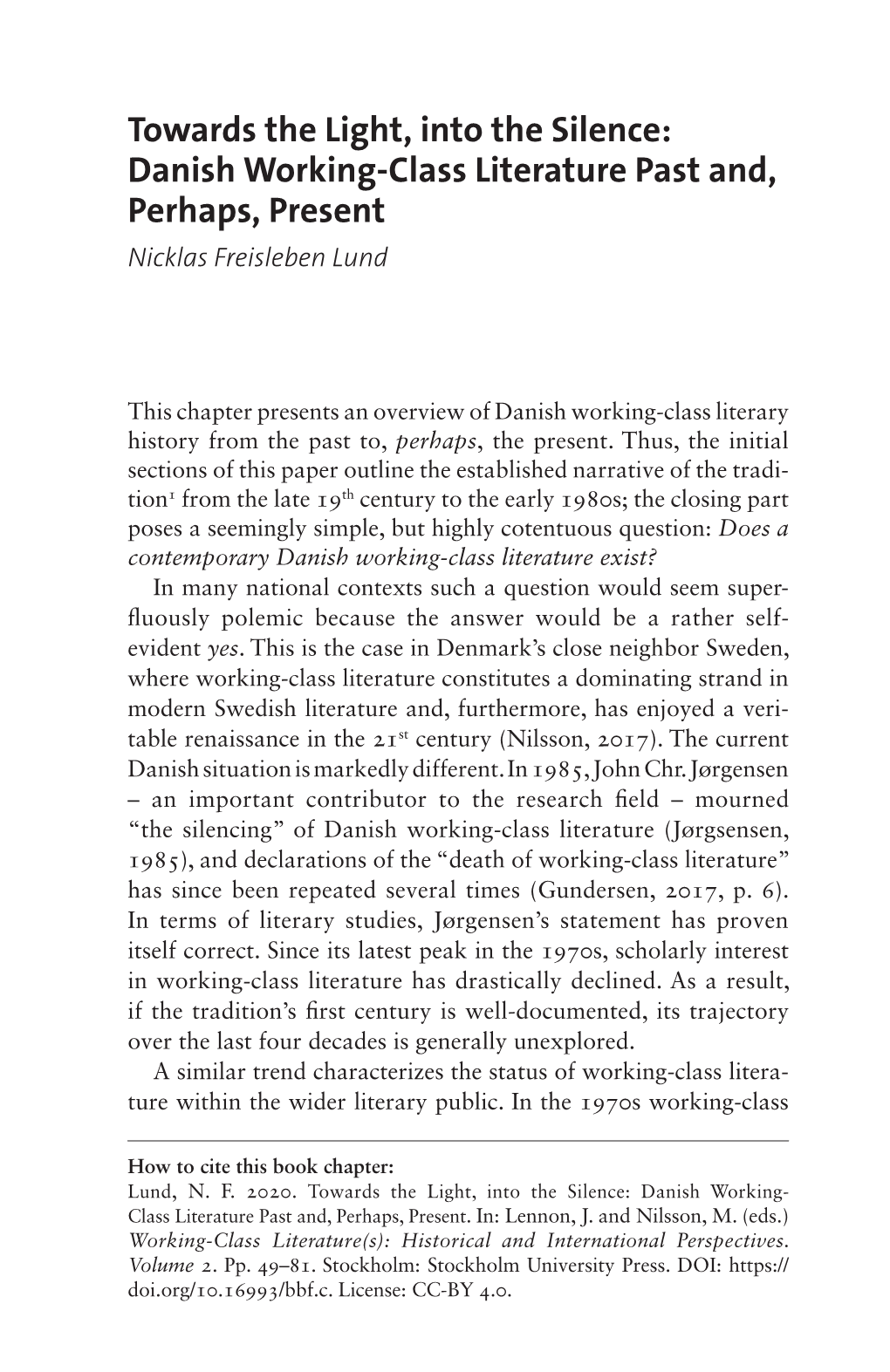 Working-Class Literature(S): Historical and International Perspectives