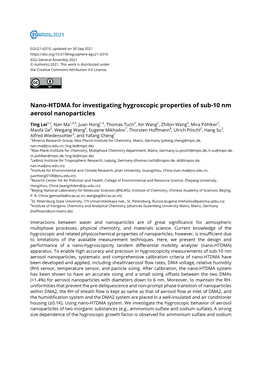 Nano-HTDMA for Investigating Hygroscopic Properties of Sub-10 Nm Aerosol Nanoparticles