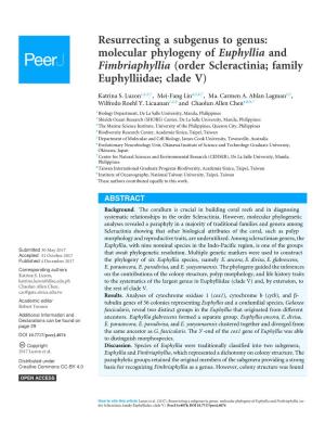 Resurrecting a Subgenus to Genus: Molecular Phylogeny of Euphyllia and Fimbriaphyllia (Order Scleractinia; Family Euphylliidae; Clade V)