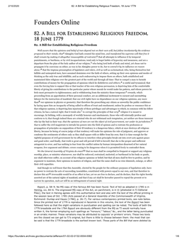 Jefferson a Bill for Establishing Religious Freedom, 18 June 1779