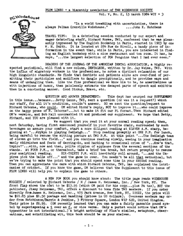 PLUM LINES = a Bimonthly Newsletter of the WODEHOUSE SOCIETY Vol. V, No. 2, 15 March 1984- WCY + 3 "In a World Trembling Wi