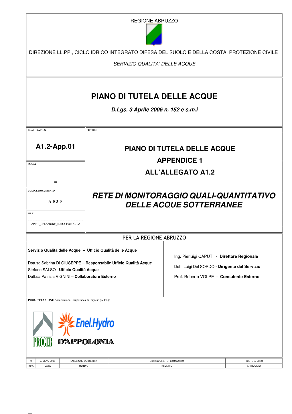 Piano Di Tutela Delle Acque Rete Di Monitoraggio Quali-Quantitativo Delle Acque Sotterranee