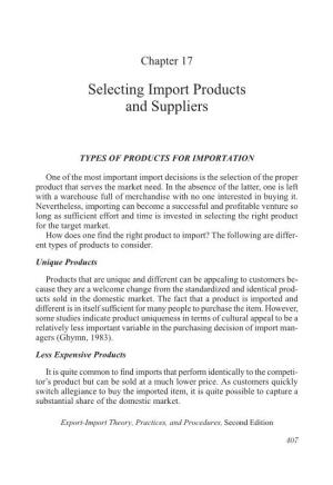 Selecting Import Products and Suppliers 409