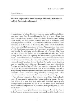 Thomas Heywood and the Portrayal of Female Benefactors in Post-Reformation England