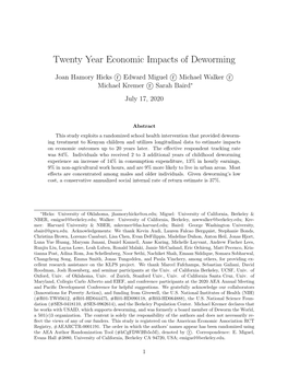 Twenty Year Economic Impacts of Deworming