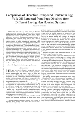 Comparison of Bioactive Compound Content in Egg Yolk Oil Extracted from Eggs Obtained from Different Laying Hen Housing Systems Aleksandrs Kovalcuks