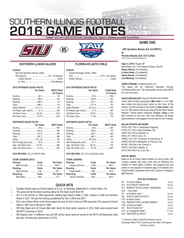 2016 GAME NOTESGAME ONE Contact • John Lock • (309) 333-0132 (Cell) • Jtlock2@Siu.Edu • @Jtlock2 | Research Assistant: Tony Mcdaniel GAME ONE