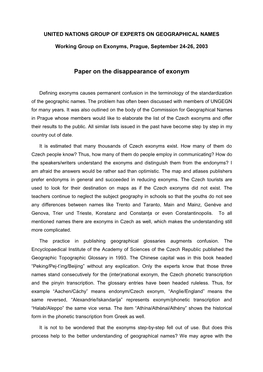 Paper on the Disappearance of Exonym