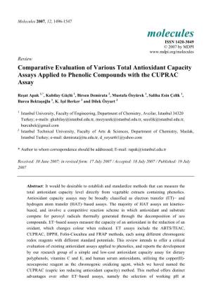 Comparative Evaluation of Various Total Antioxidant Capacity Assays Applied to Phenolic Compounds with the CUPRAC Assay