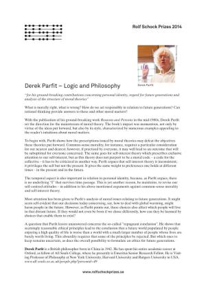 Derek Parfit – Logic and Philosophy Derek Parfit