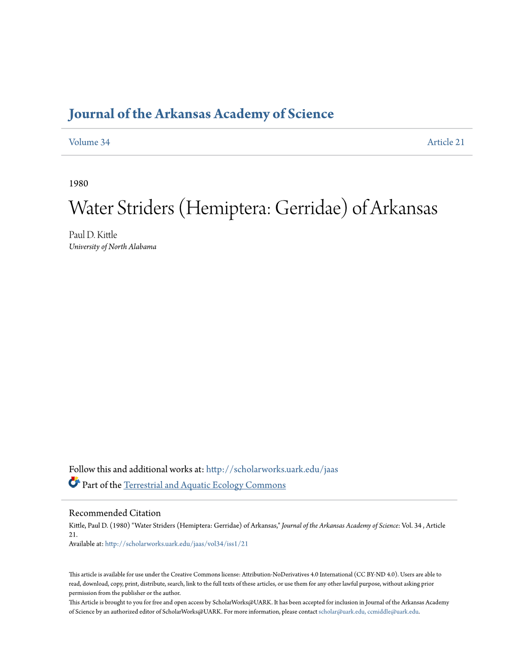 Water Striders (Hemiptera: Gerridae) of Arkansas Paul D