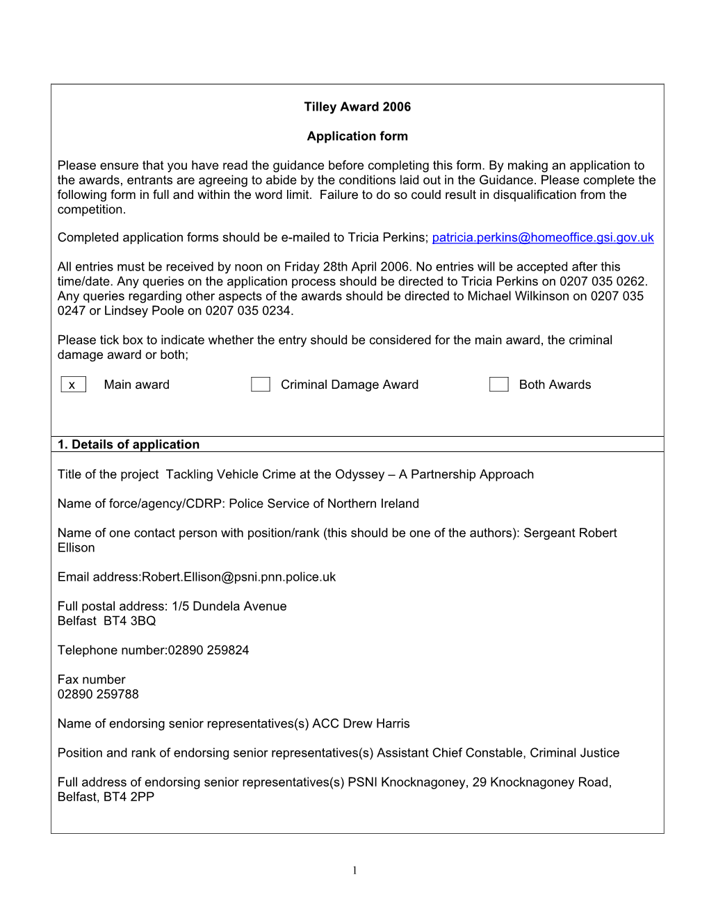 Tilley Award 2006 Application Form Please Ensure That You Have Read