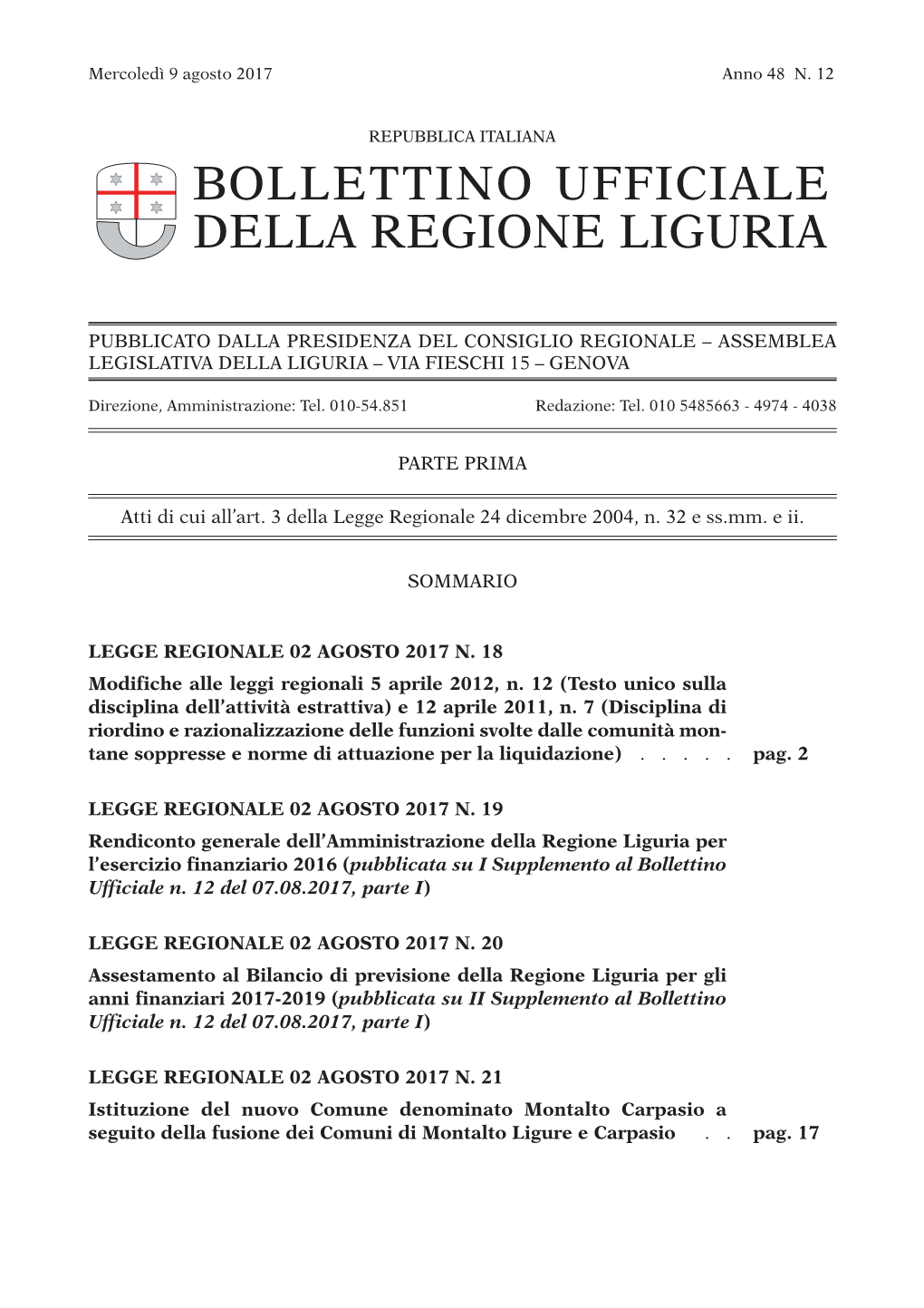 Bollettino Ufficiale Della Regione Liguria