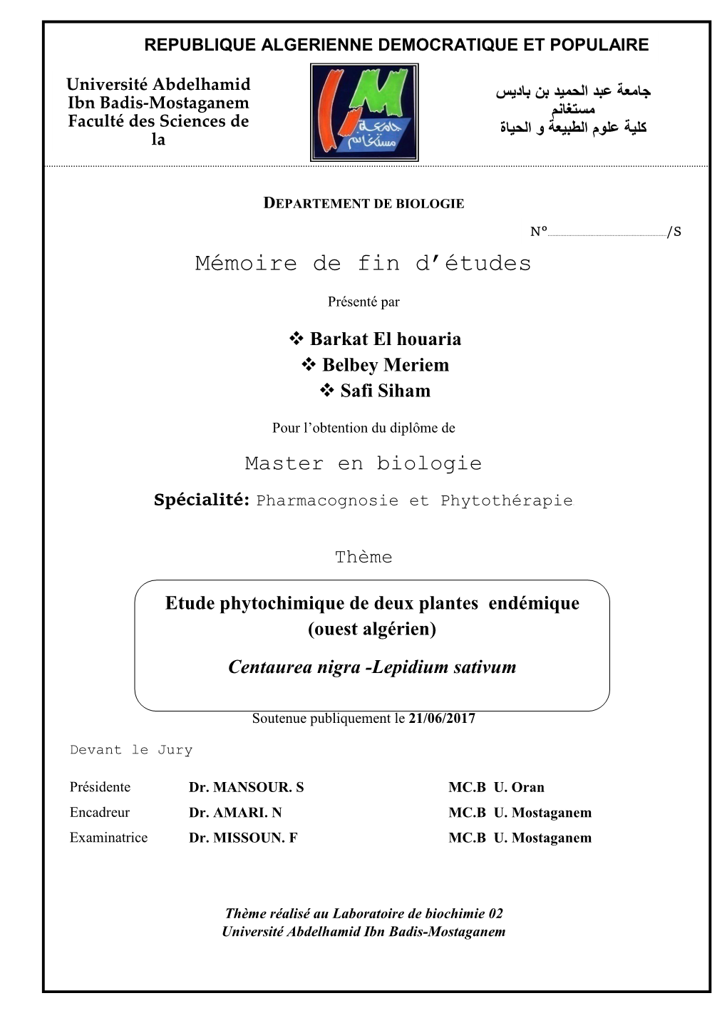 Mémoire De Fin D'études