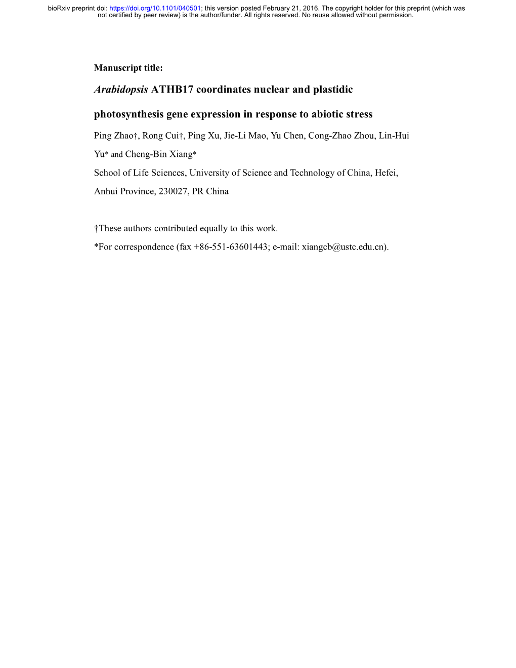 Arabidopsis ATHB17 Coordinates Nuclear and Plastidic