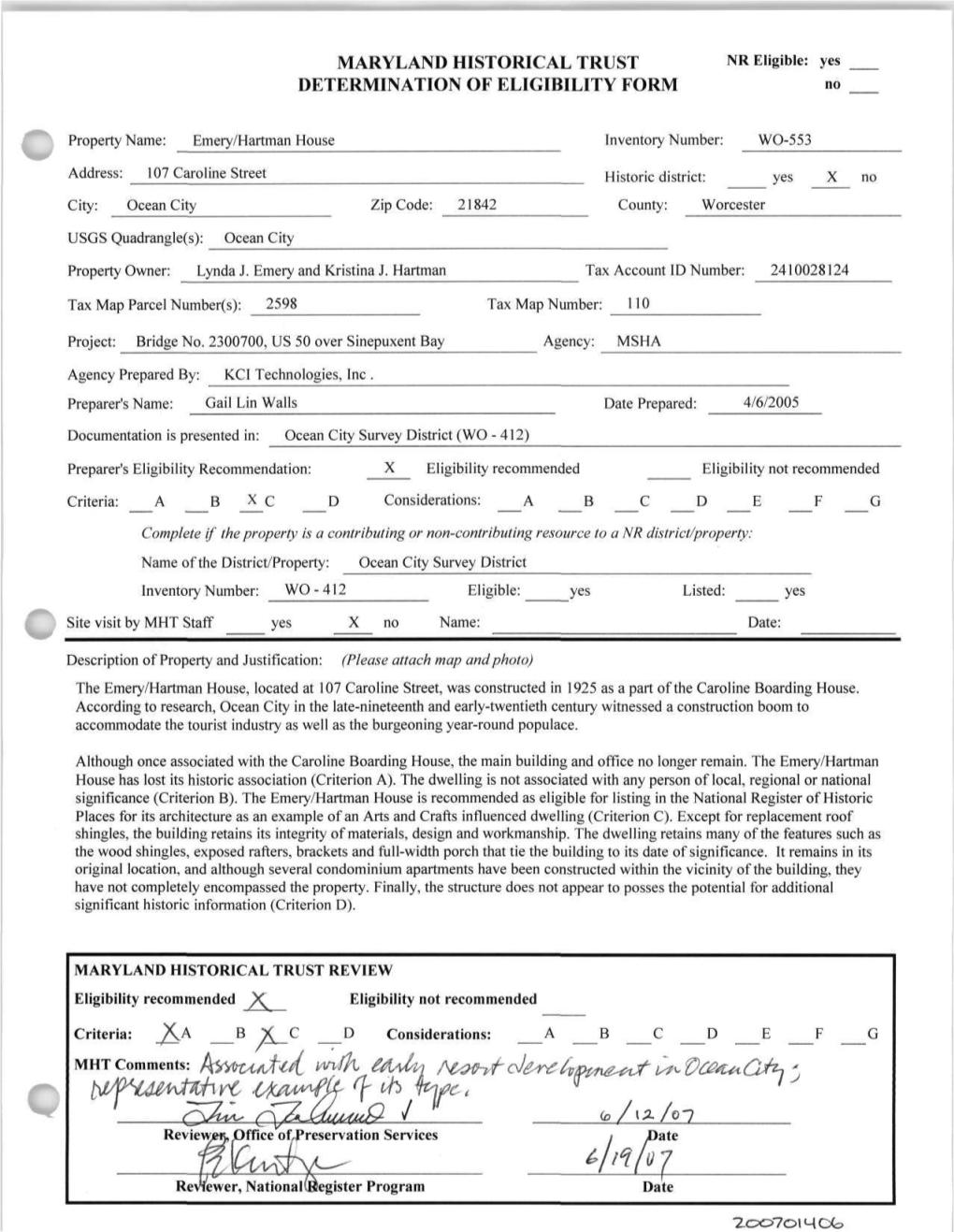 MARYLAND HISTORICAL TRUST NR Eligible: Yes DETERMINATION of ELIGIBILITY FORM No