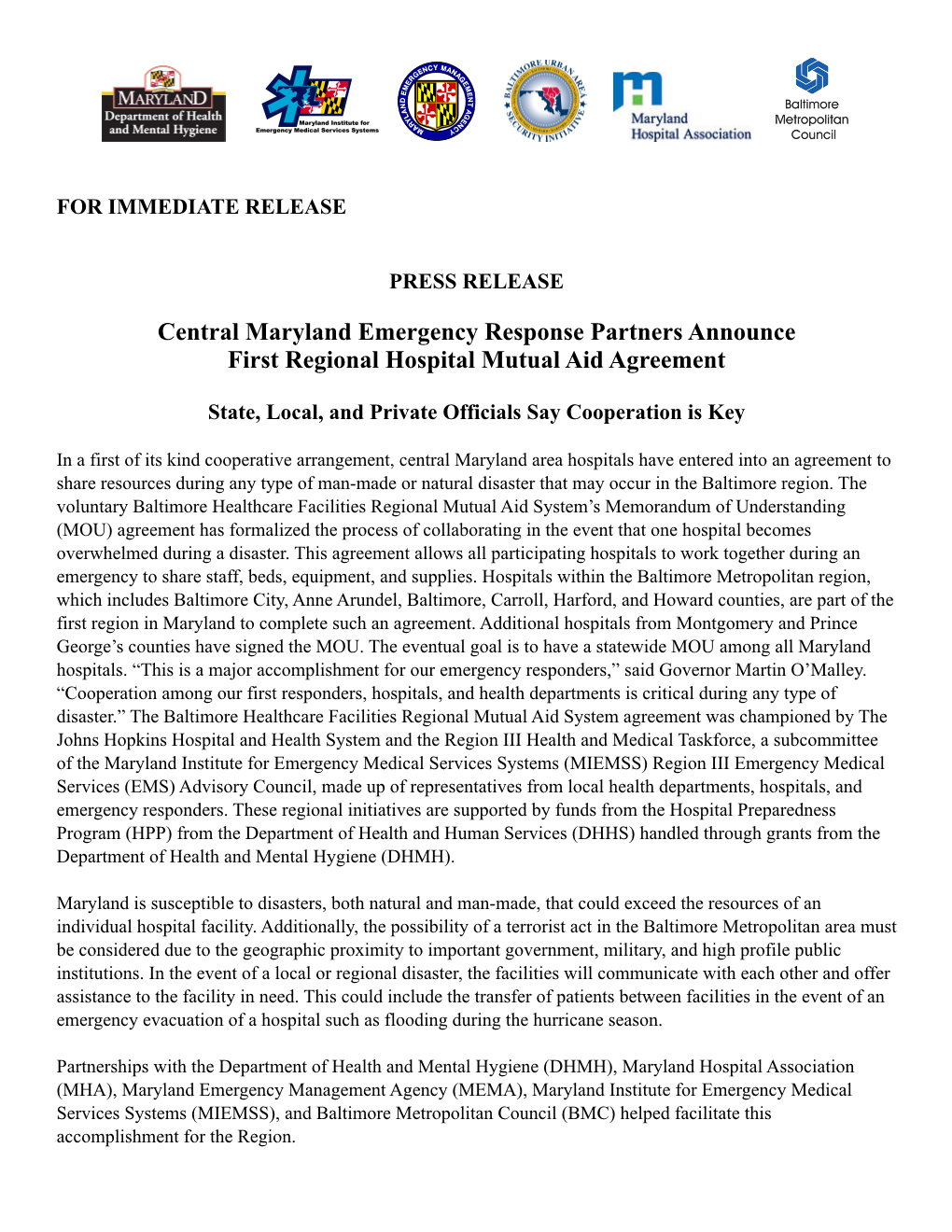 Press Release for Hospital Mutal Aid Agreement-FINAL-5-14-12