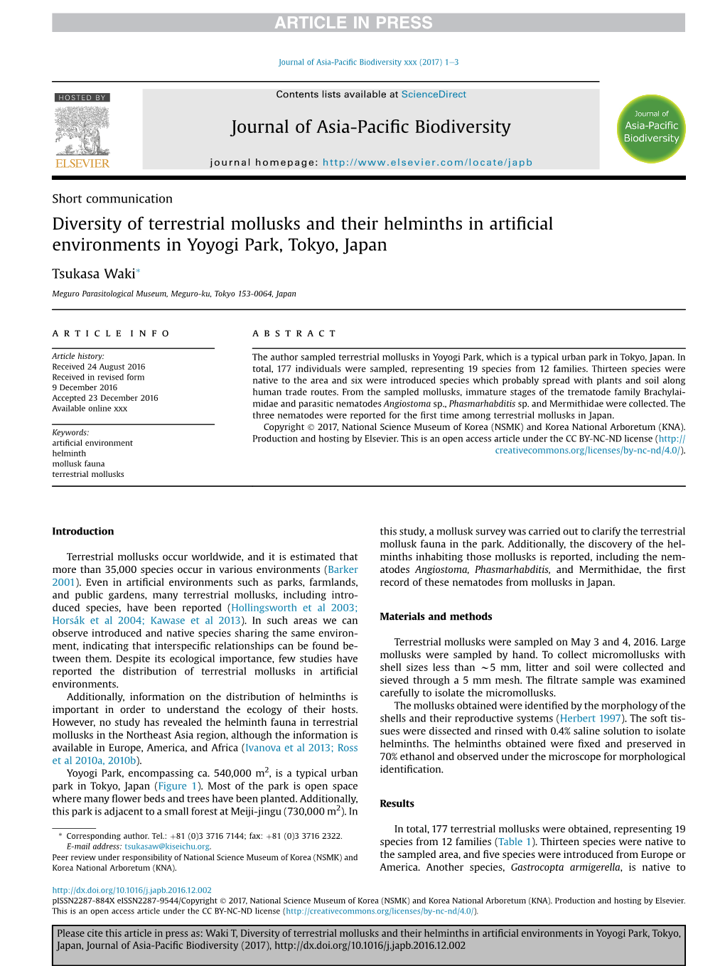 Diversity of Terrestrial Mollusks and Their Helminths in Artificial