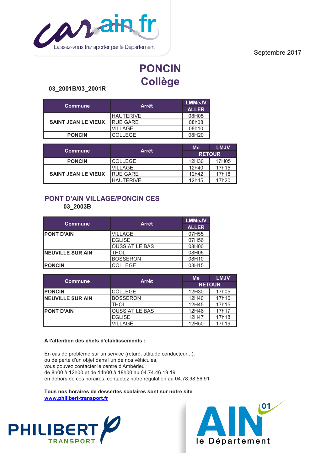 Ain Fr CORRESPONDANCE Septembre 2017 PONCIN Collège PONCIN DES 4 MARQUES FILLES Collège 03 2001B/03 2001R