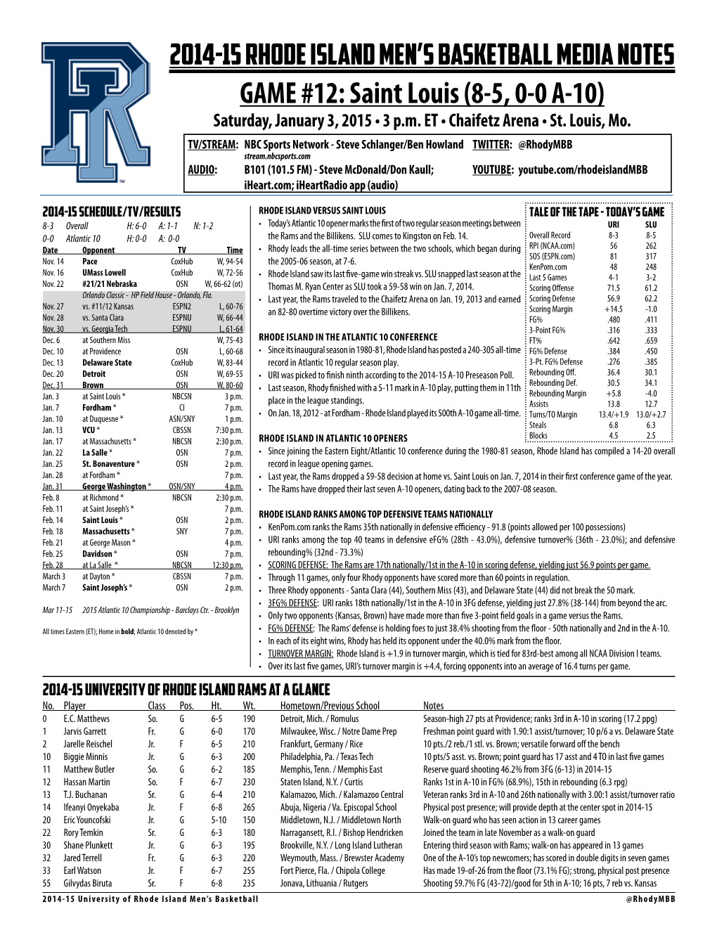 GAME #12: Saint Louis (8-5, 0-0 A-10) Saturday, January 3, 2015 • 3 P.M