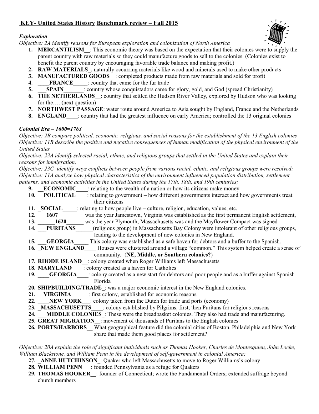 KEY- United States History Benchmark Review Fall 2015