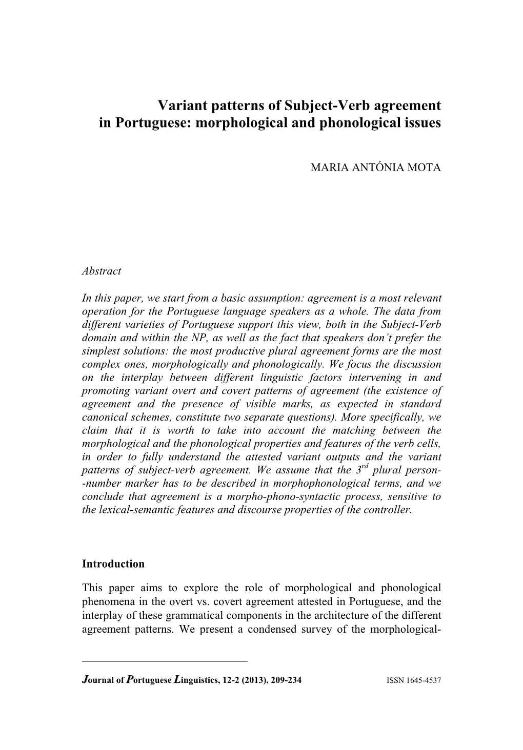 Variant Patterns of Subject-Verb Agreement in Portuguese: Morphological and Phonological Issues