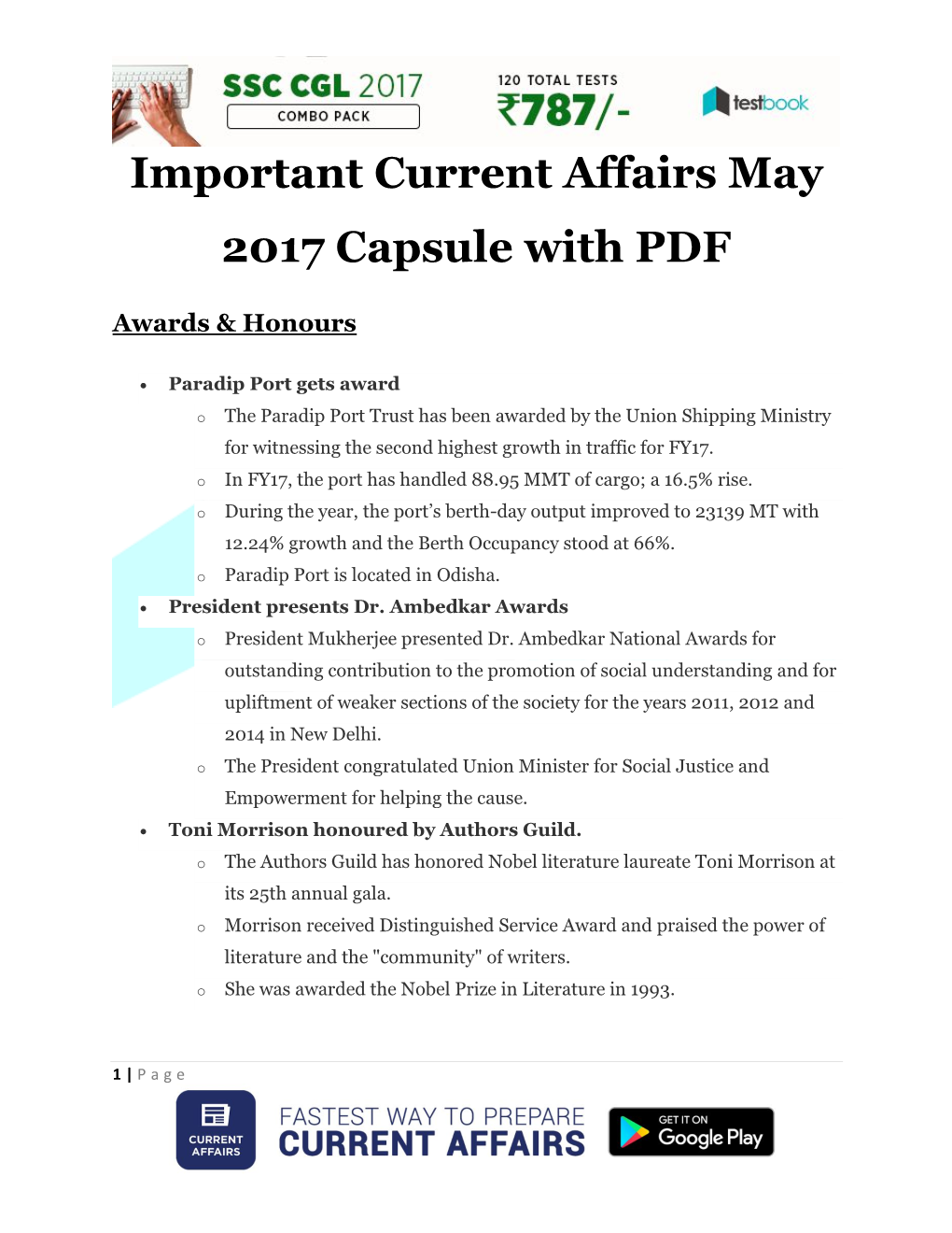 Important Current Affairs May 2017 Capsule with PDF