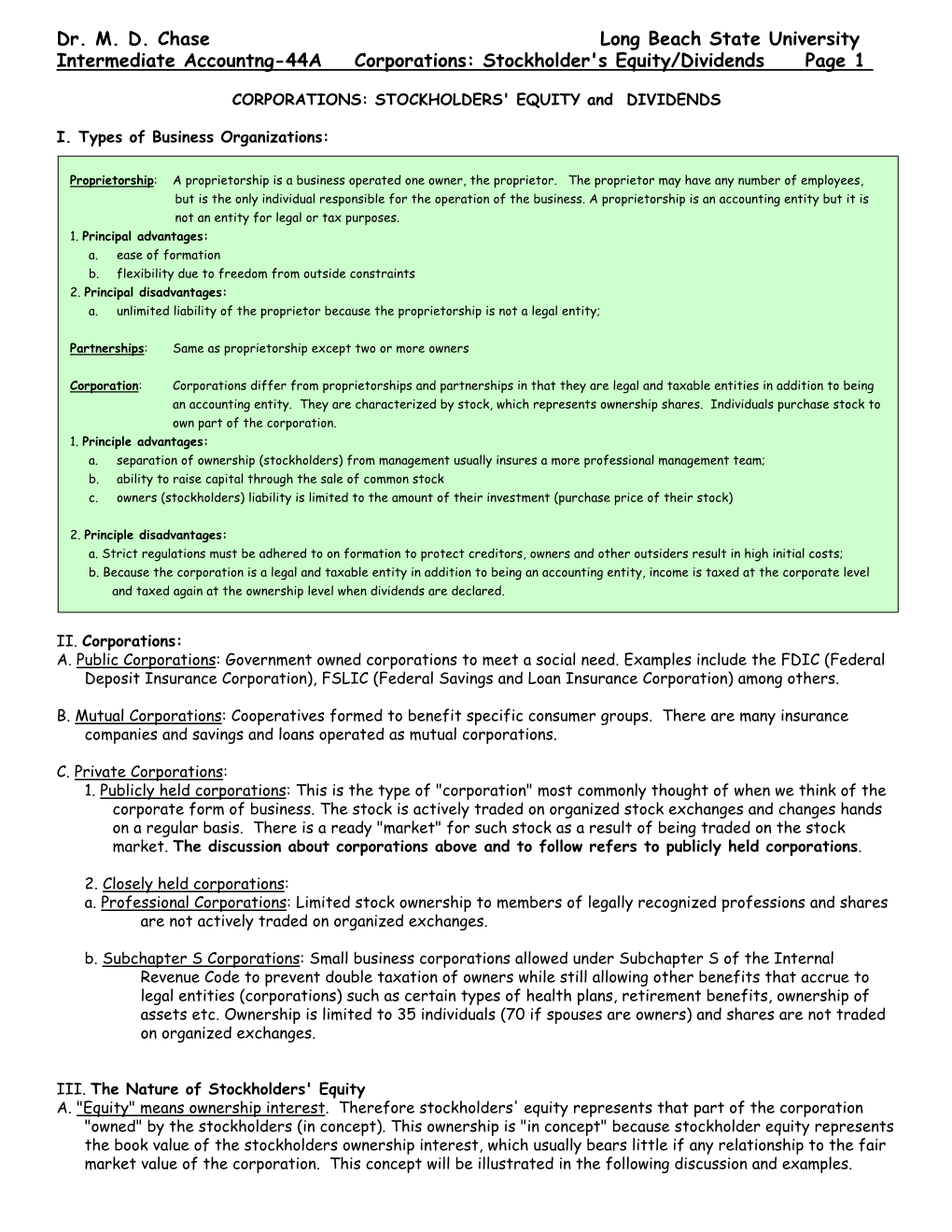 Stockholder's Equity/Dividends Page 1