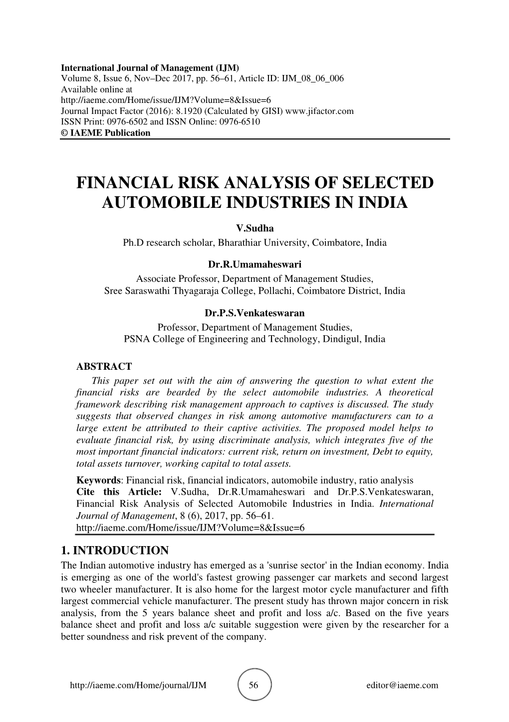 Financial Risk Analysis of Selected Automobile Industries in India